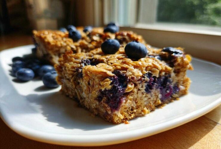 Close-up of a moist square of Blueberry Baked Oatmeal Squares, topped with fresh blueberries, served on a white plate.