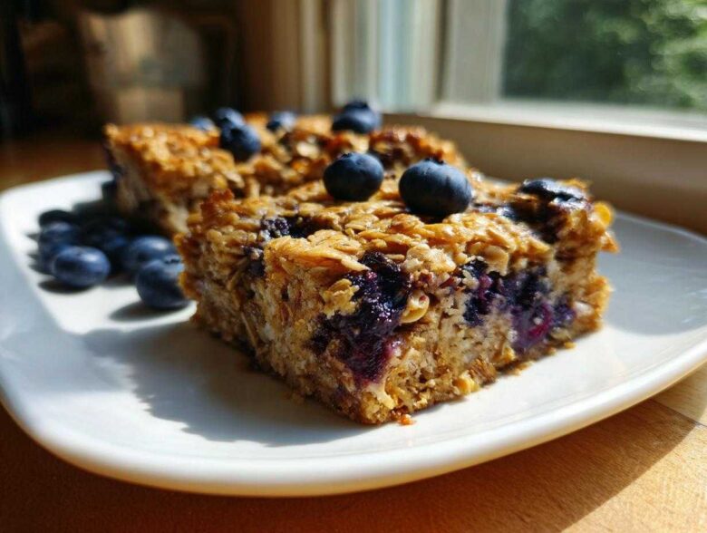 Close-up of a moist square of Blueberry Baked Oatmeal Squares, topped with fresh blueberries, served on a white plate.