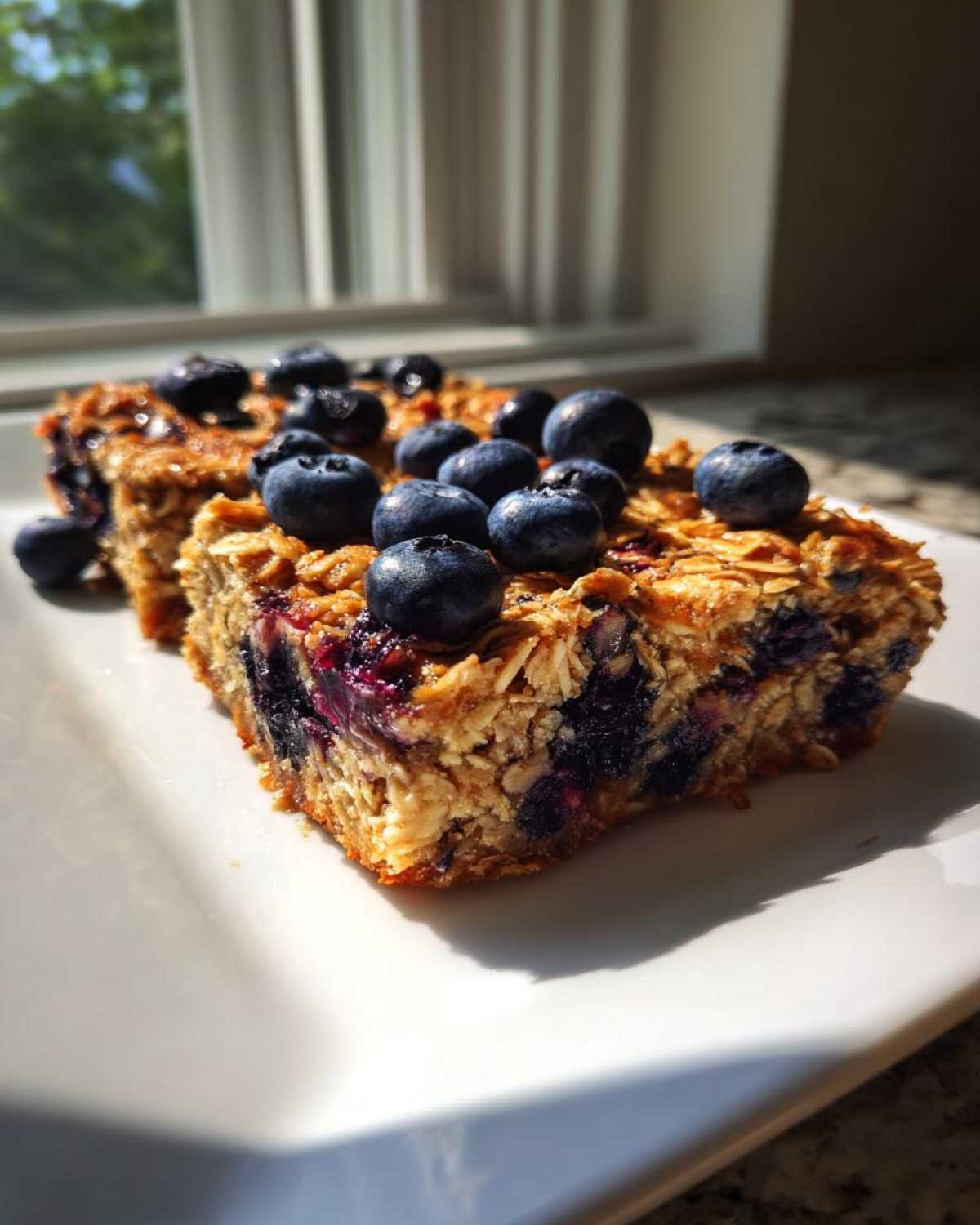 Two squares of rich, baked oatmeal topped generously with fresh blueberries, showcasing the texture of the Blueberry Baked Oatmeal Squares.