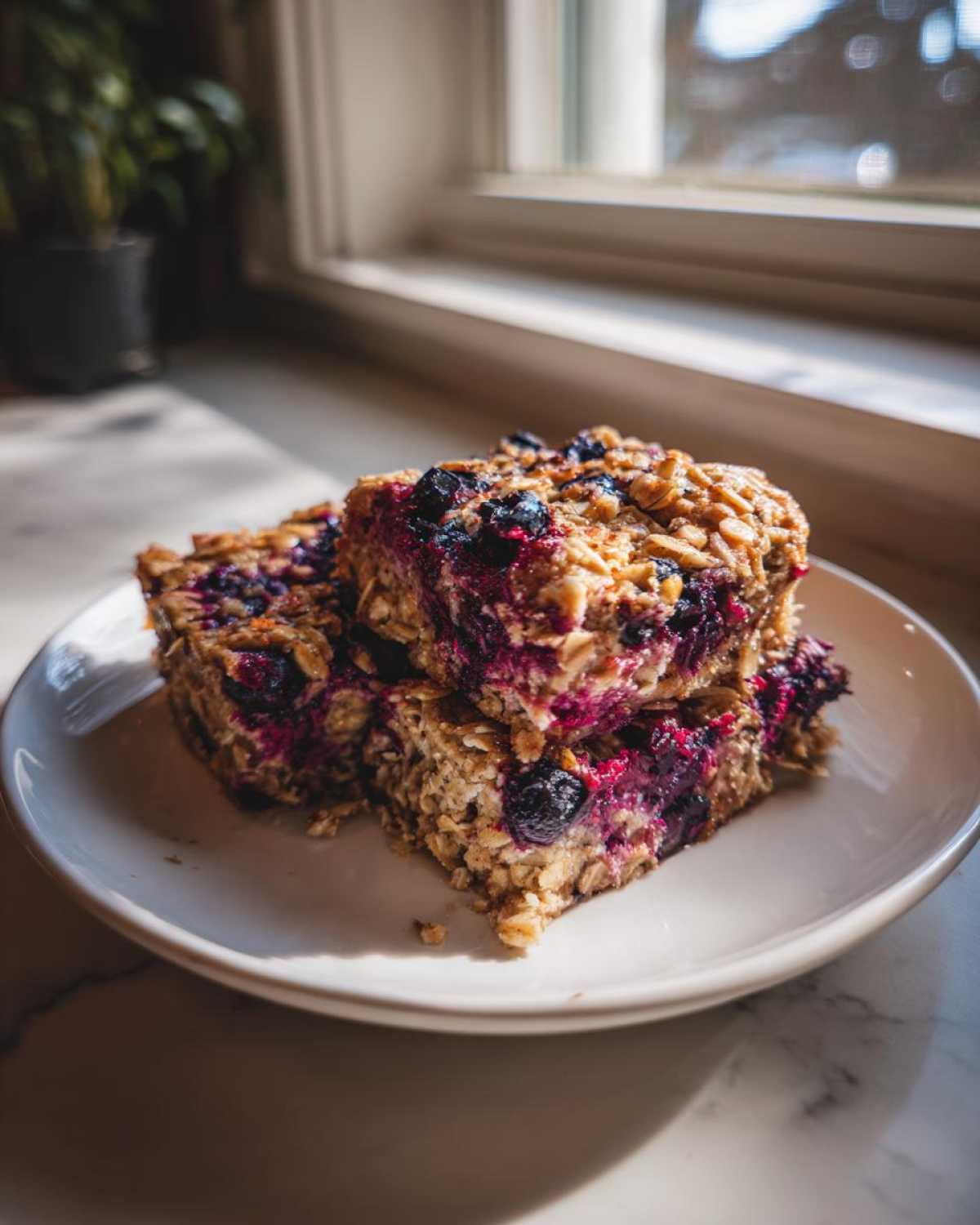 Close-up of three stacked Blueberry Baked Oatmeal Squares featuring visible oats and bright purple berries on a white plate.