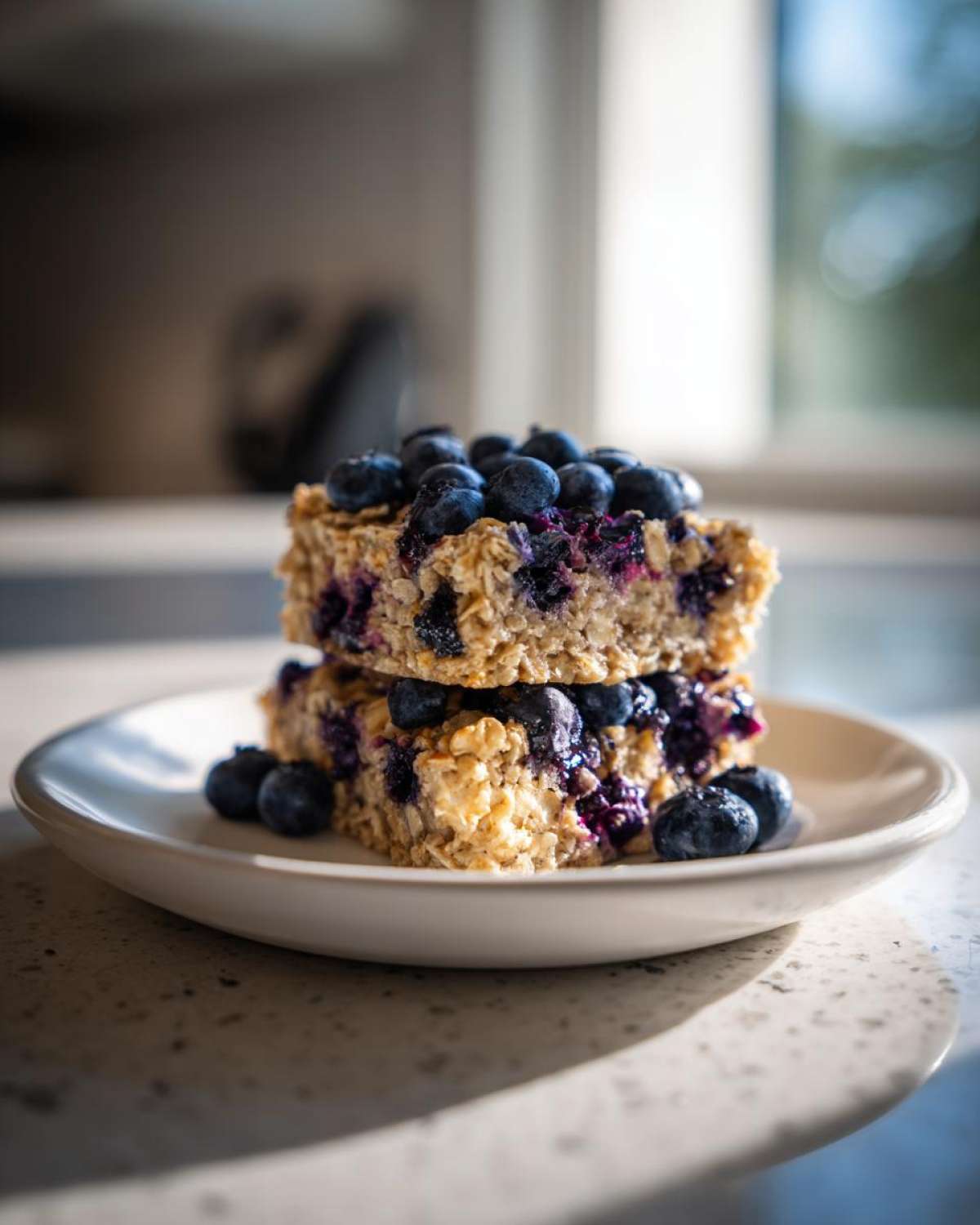 Two stacked squares of moist Blueberry Baked Oatmeal Squares topped with fresh blueberries on a white plate.
