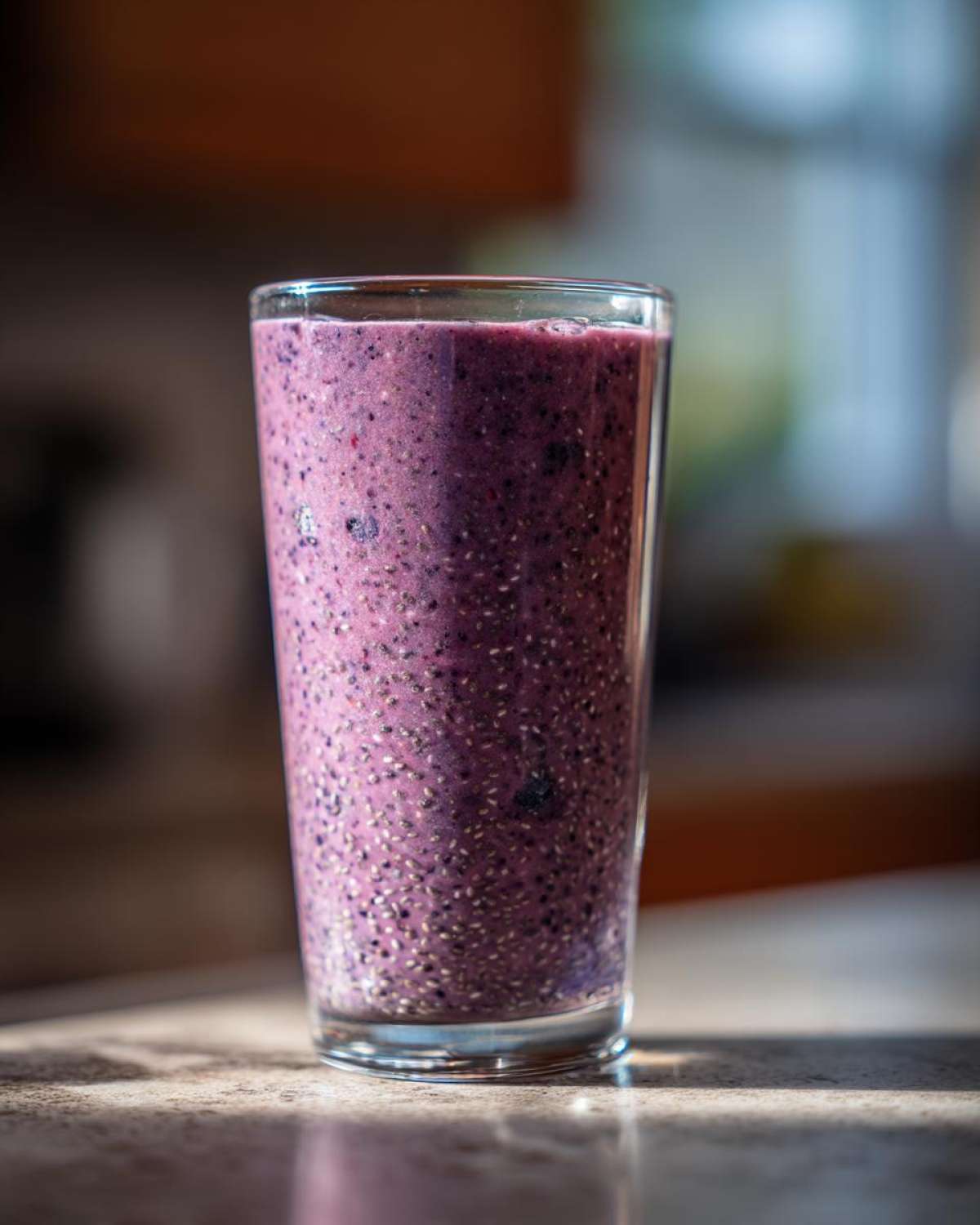 Close-up of a thick Blueberry Lemon Chia Smoothie packed with visible chia seeds in a tall glass.
