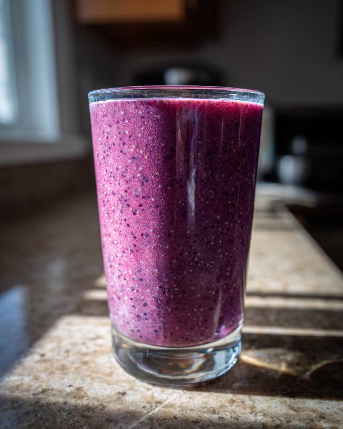A tall glass filled with a thick, vibrant purple Blueberry Lemon Chia Smoothie, showing visible chia seeds.