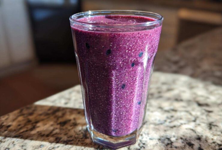Close-up of a vibrant, thick Blueberry Lemon Chia Smoothie packed with visible chia seeds.