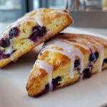 Close-up of two freshly baked Blueberry Lemon Scones drizzled with white lemon glaze, served on a white plate.