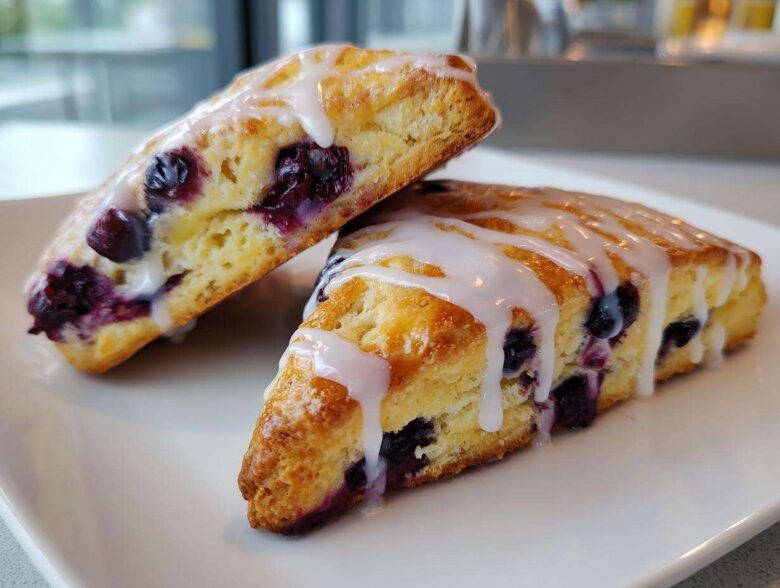 Close-up of two freshly baked Blueberry Lemon Scones drizzled with white lemon glaze, served on a white plate.