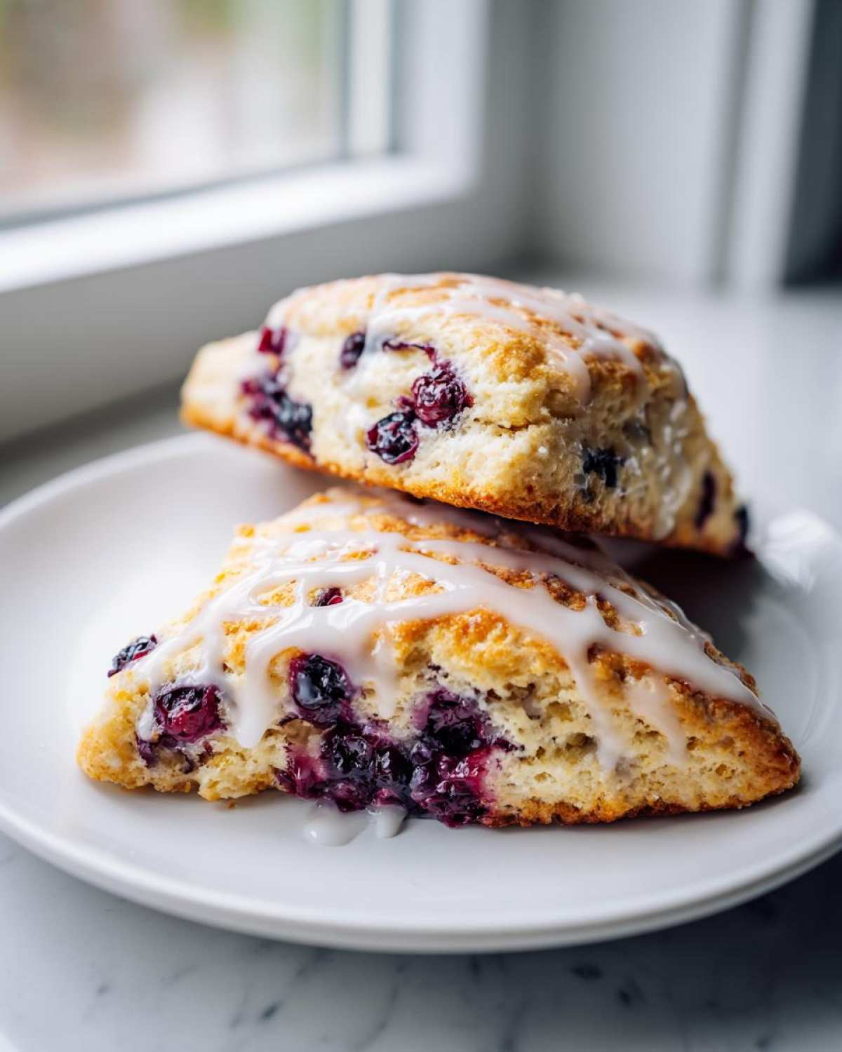 Two triangular Blueberry Lemon Scones drizzled with white glaze, stacked on a white plate near a window.
