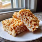 Three thick, chewy Brown Butter Rice Krispie Treat Bars stacked slightly on a white plate.