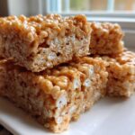 Close-up of stacked, chewy Brown Butter Rice Krispie Treat Bars showing the golden brown color and texture.