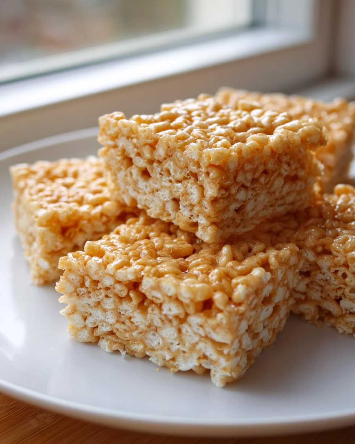 A stack of gooey, golden Brown Butter Rice Krispie Treat Bars resting on a white plate near a window.