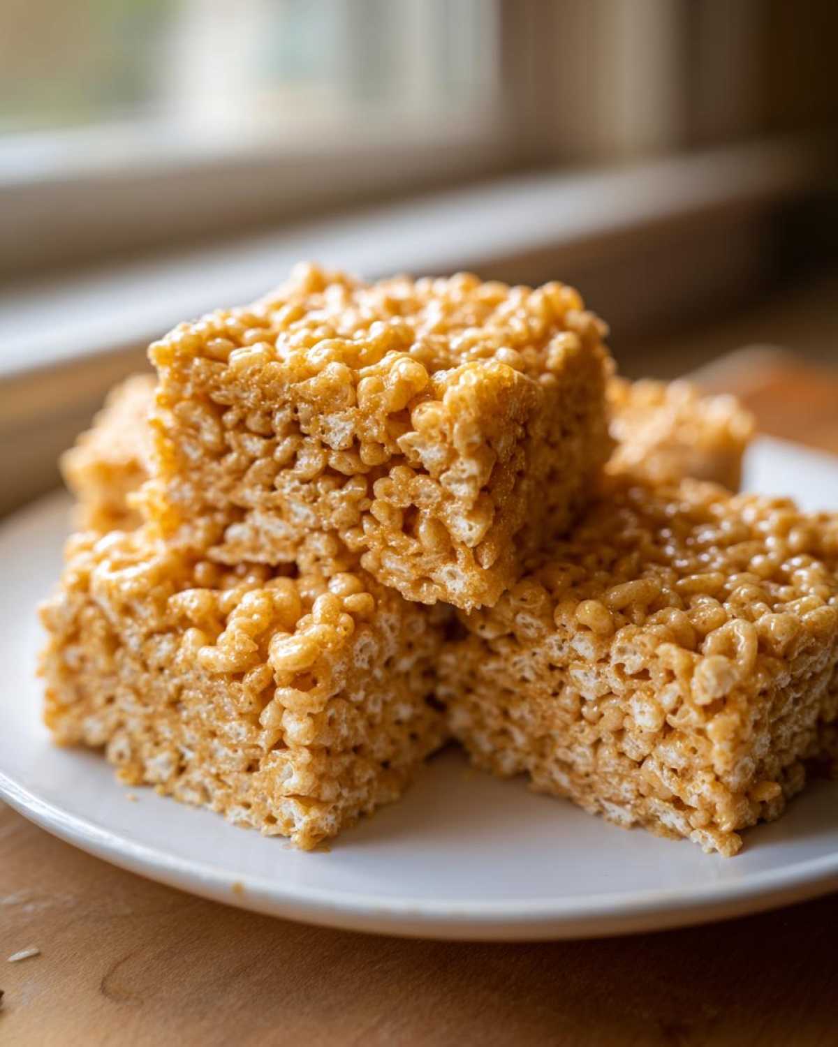 A stack of golden brown Brown Butter Rice Krispie Treat Bars resting on a white plate.