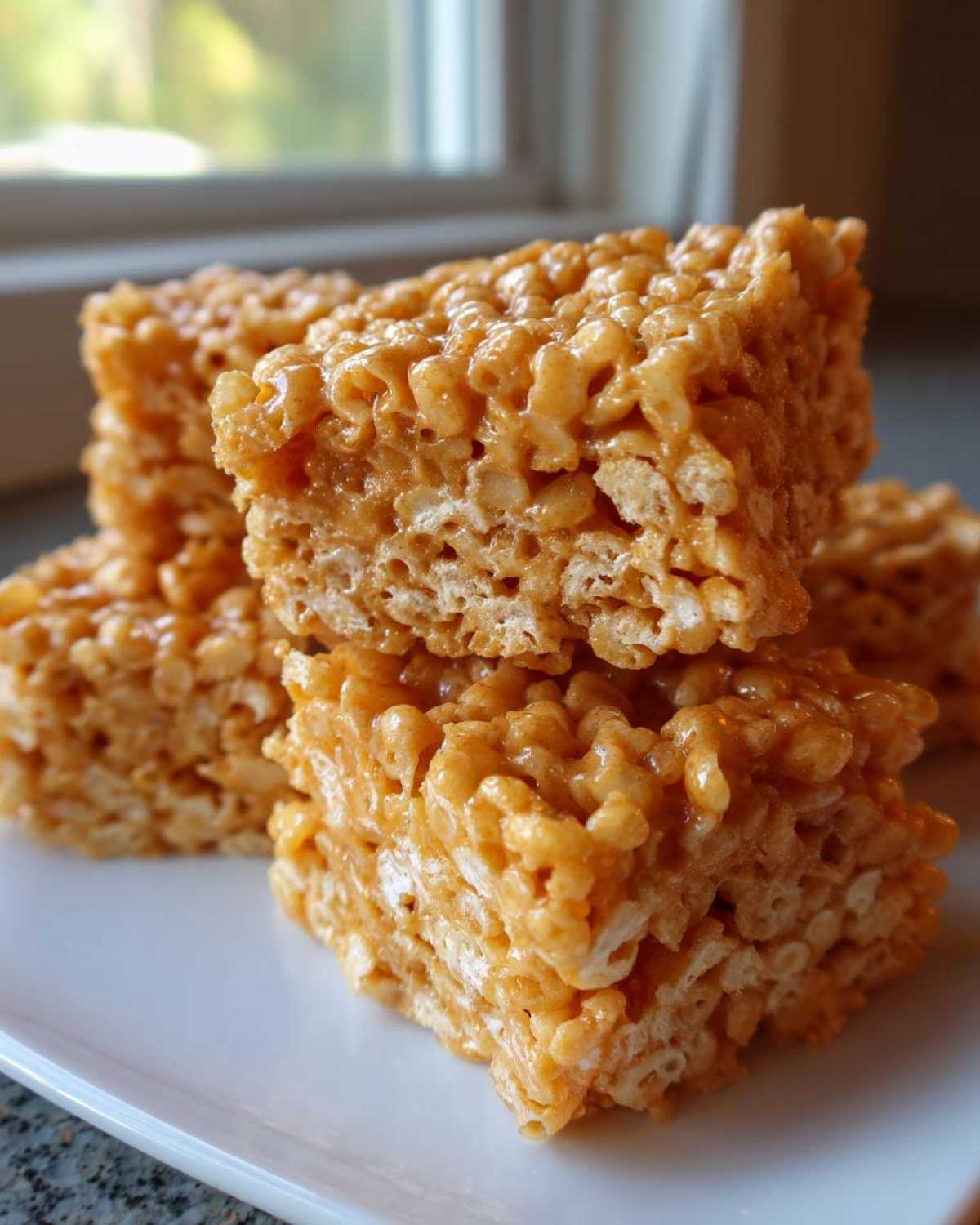 A stack of gooey, golden Brown Butter Rice Krispie Treat Bars resting on a white plate.