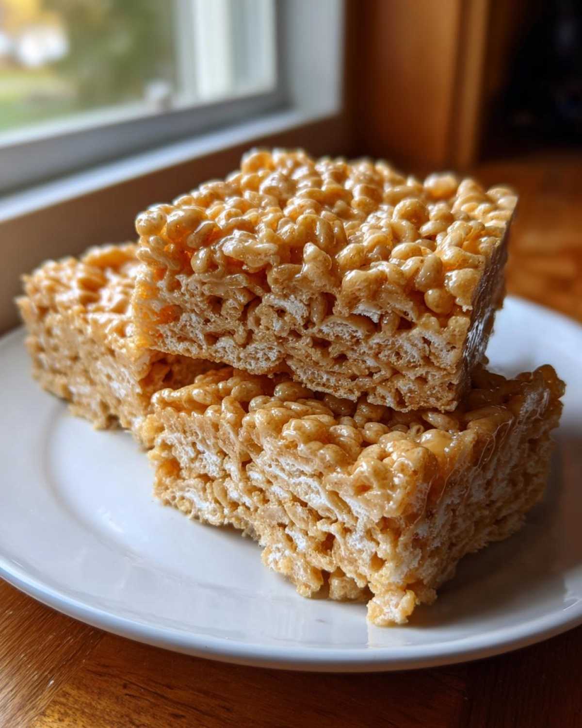 Three thick, gooey Brown Butter Rice Krispie Treat Bars stacked slightly on a white plate near a window.