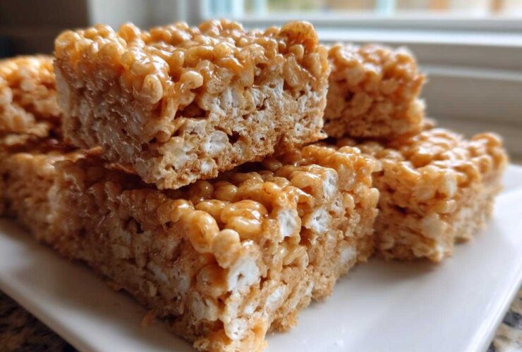 Close-up of stacked, chewy Brown Butter Rice Krispie Treat Bars showing the golden brown color and texture.