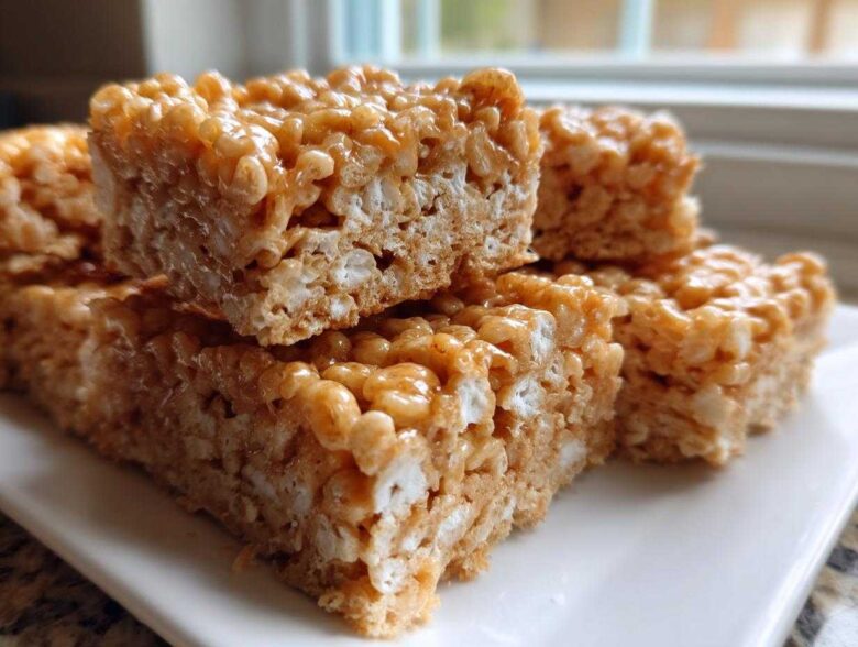 Close-up of stacked, chewy Brown Butter Rice Krispie Treat Bars showing the golden brown color and texture.
