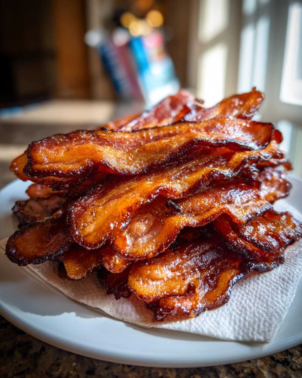 A close-up stack of perfectly cooked Brown Sugar Glazed Bacon resting on a white plate with a paper towel.