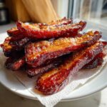 A stack of shiny, caramelized Brown Sugar Glazed Bacon strips resting on a white paper towel on a plate.
