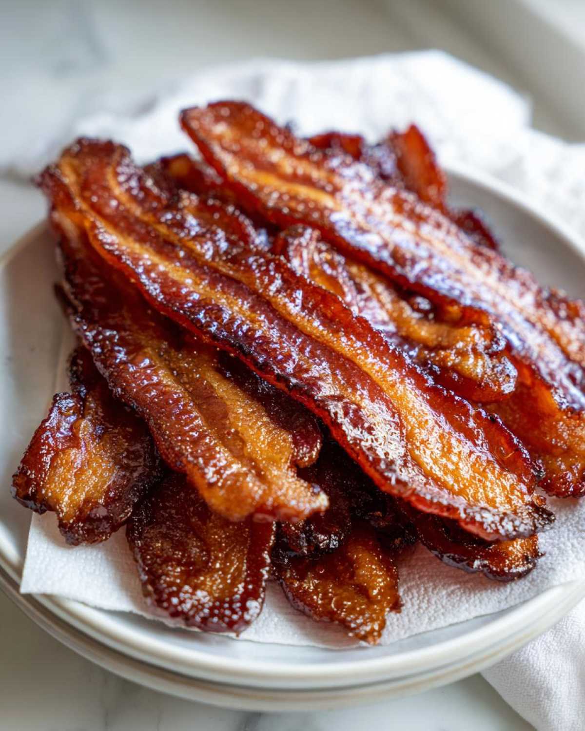 Close-up of crispy, caramelized Brown Sugar Glazed Bacon piled high on a small plate.