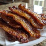 A stack of glistening, caramelized Brown Sugar Glazed Bacon resting on a white paper towel on a plate.