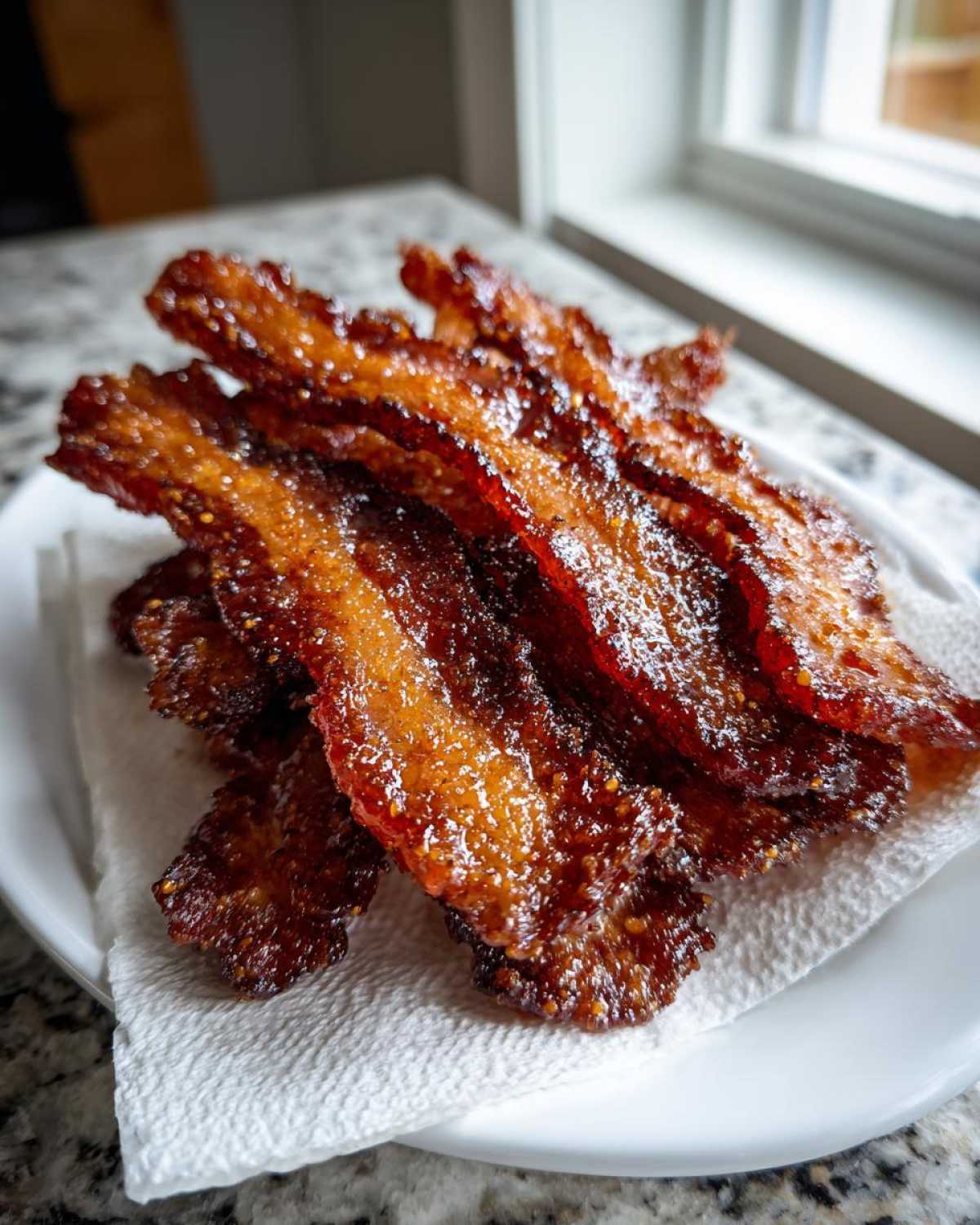 Close-up of crispy, shiny Brown Sugar Glazed Bacon strips piled on a white plate lined with a paper towel.