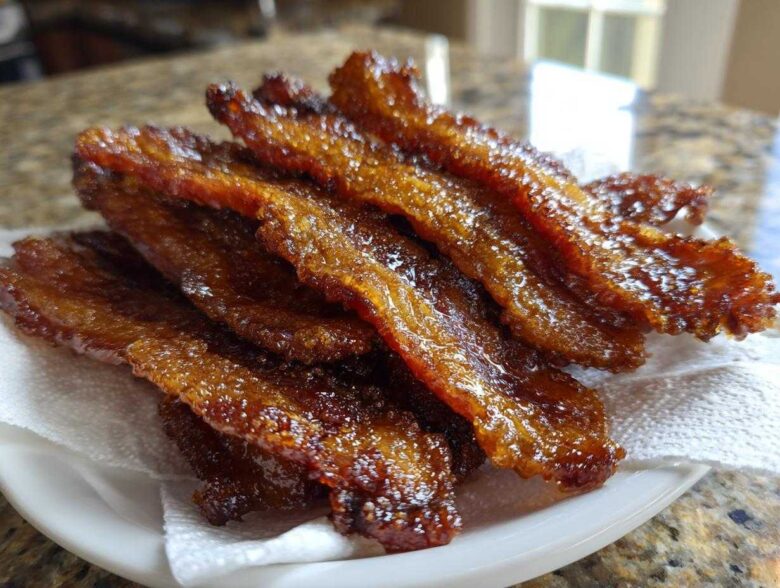 A stack of glistening, caramelized Brown Sugar Glazed Bacon resting on a white paper towel on a plate.