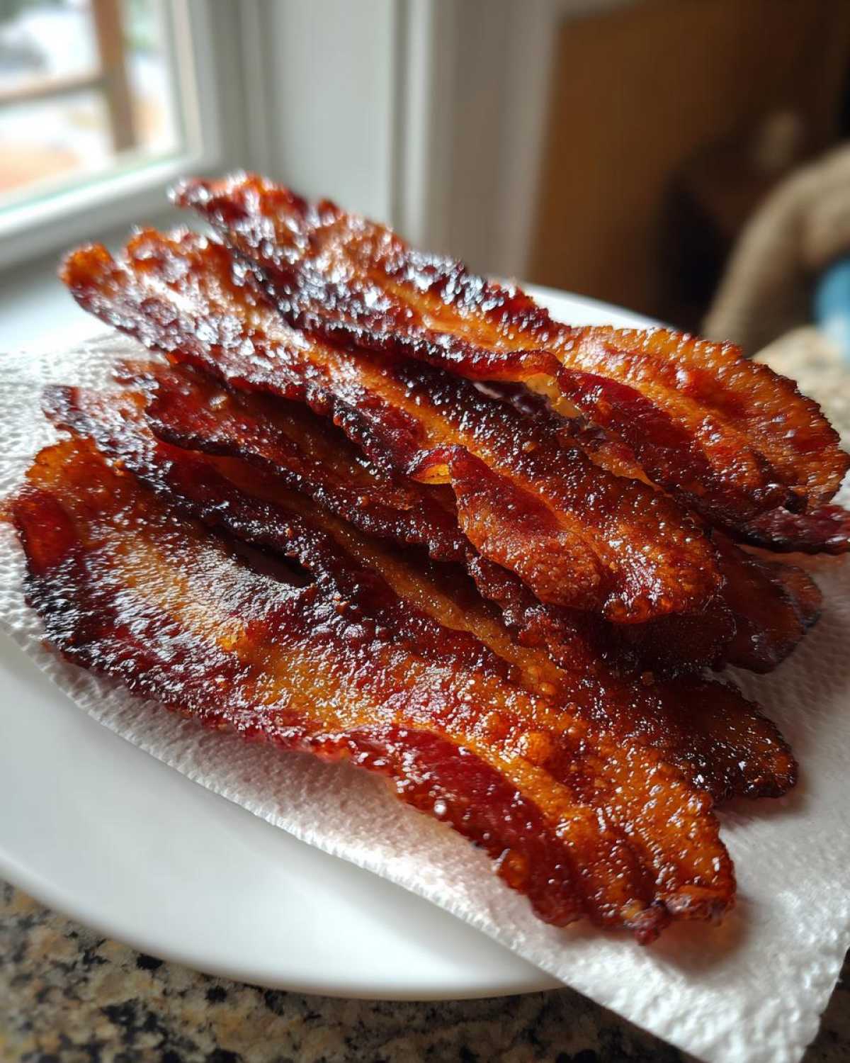 Close-up of crispy, shiny Brown Sugar Glazed Bacon strips resting on a paper towel on a white plate.