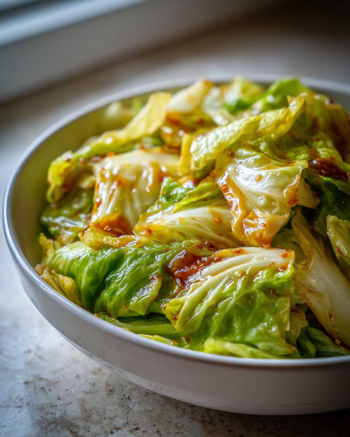 Close-up of vibrant green cabbage stir fry coated in a glossy garlic ginger sauce in a white bowl.