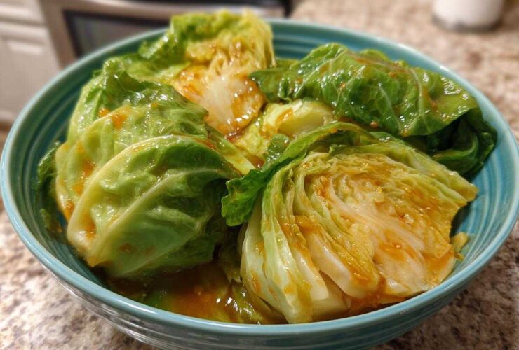 Close-up of wedges of Cabbage Stir Fry with Garlic Ginger Sauce coated in a glossy orange sauce in a teal bowl.