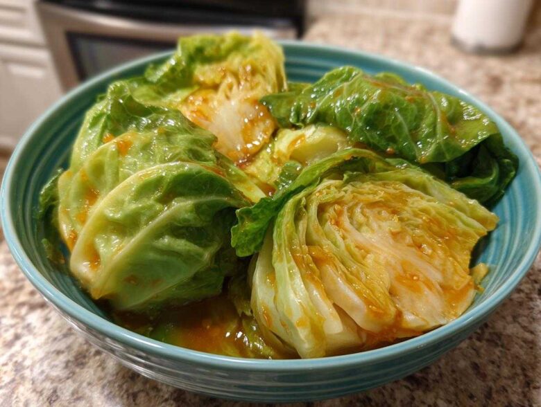 Close-up of wedges of Cabbage Stir Fry with Garlic Ginger Sauce coated in a glossy orange sauce in a teal bowl.