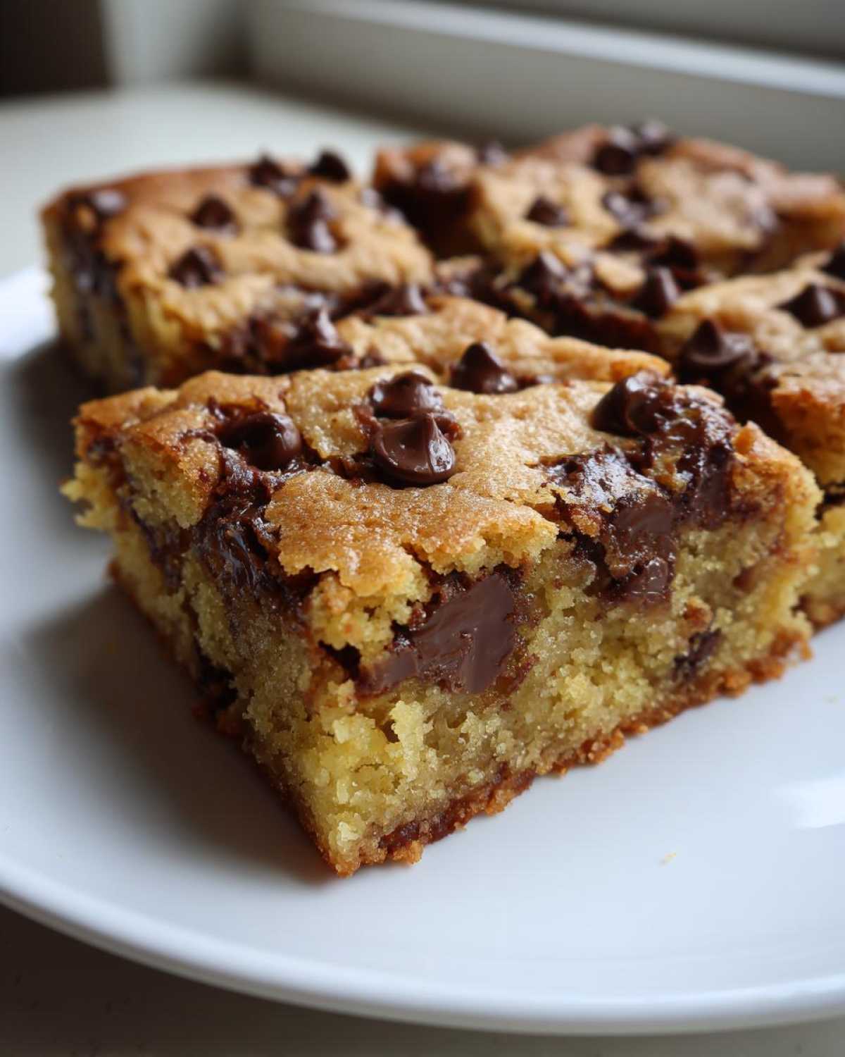 A close-up of a square portion of Chewy Chocolate Chip Cookie Bars showing a gooey center and melted chocolate chips.