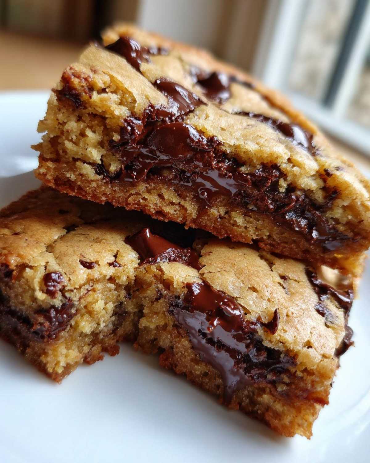 Two stacked squares of Chewy Chocolate Chip Cookie Bars showing a gooey, melted chocolate center.