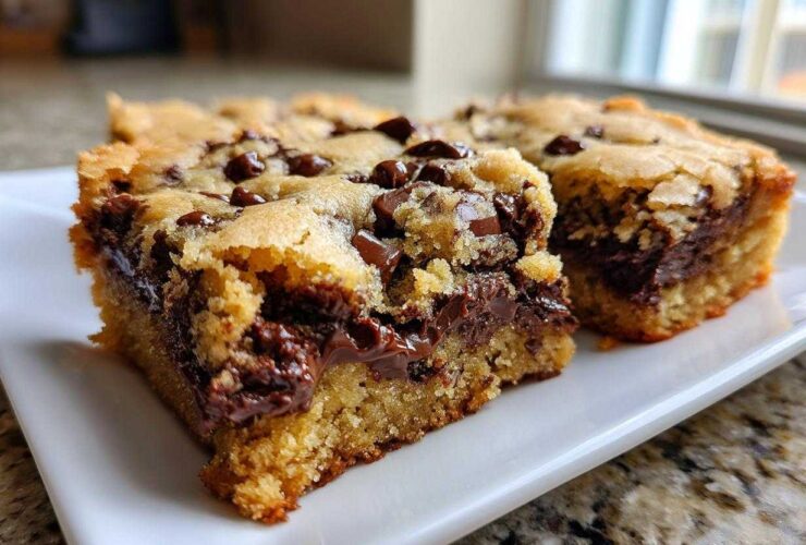 Two squares of incredibly chewy chocolate chip cookie bars showing melted chocolate centers.