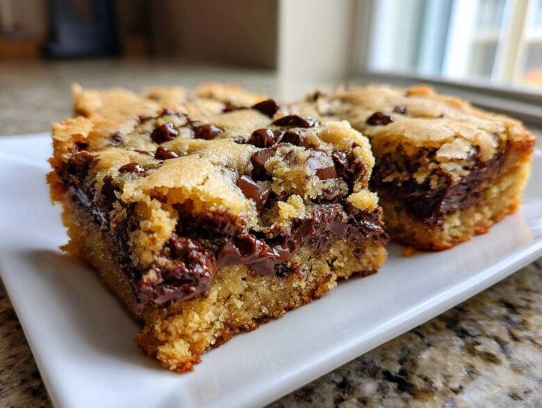 Two squares of incredibly chewy chocolate chip cookie bars showing melted chocolate centers.