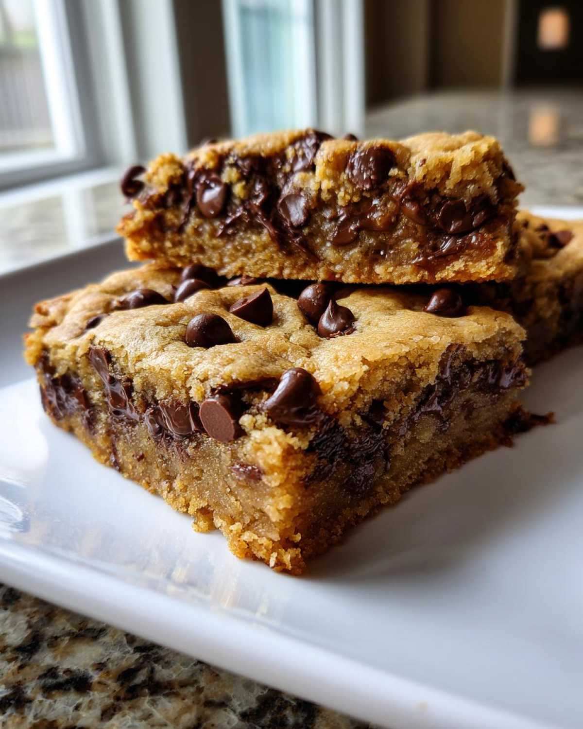 Two thick, chewy chocolate chip cookie bars stacked on a white plate, showing melted chocolate chips inside.