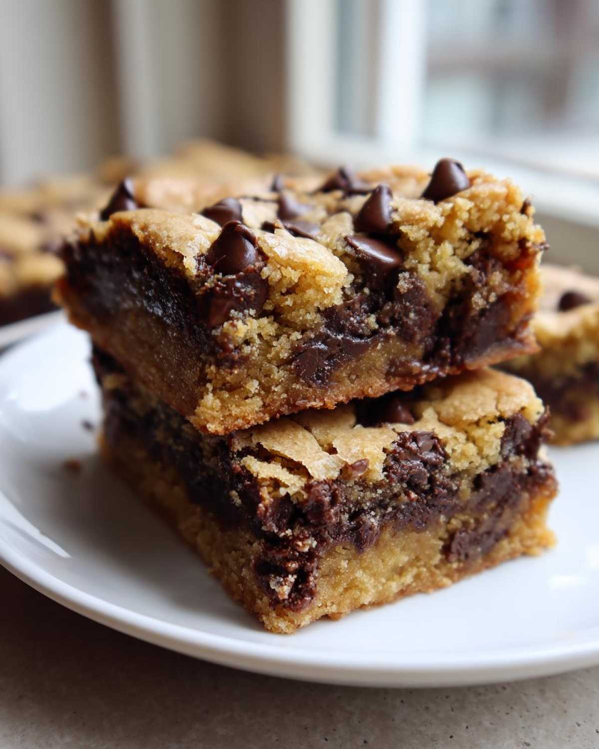 Two stacked, thick Chewy Chocolate Chip Cookie Bars with gooey centers and chocolate chips on top.