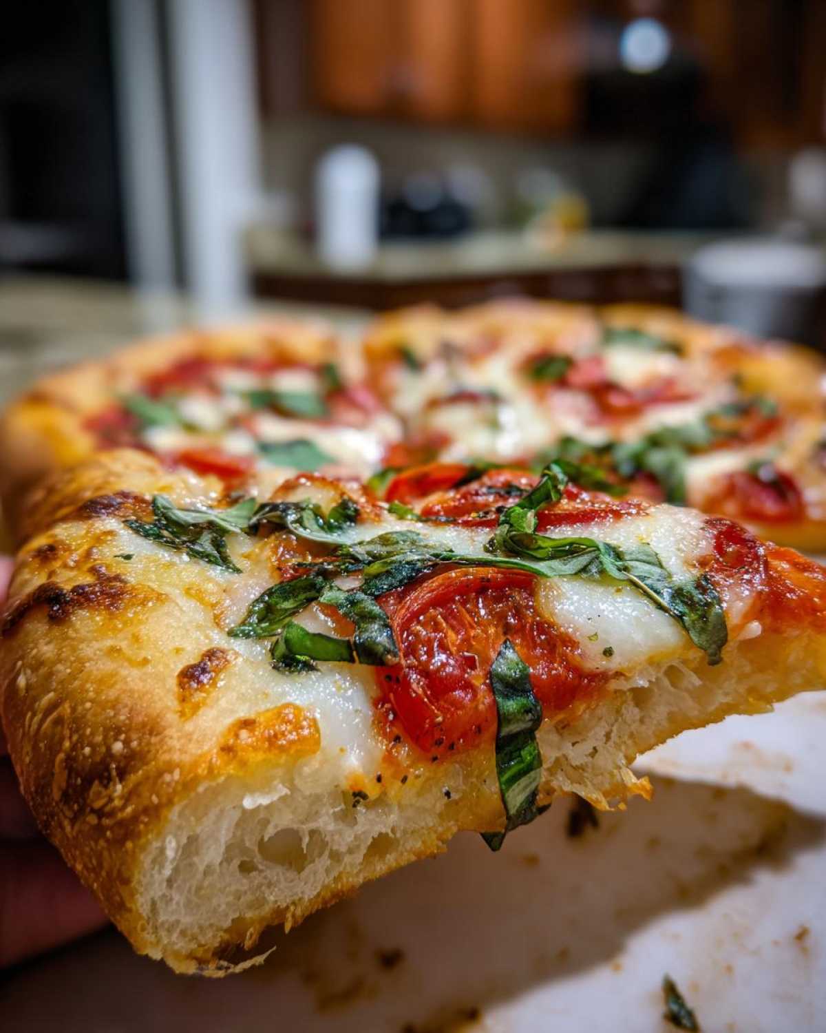Close-up of a slice of Gluten-Free Margherita Pizza showing a thick, chewy crust, melted mozzarella, bright red tomatoes, and fresh basil.