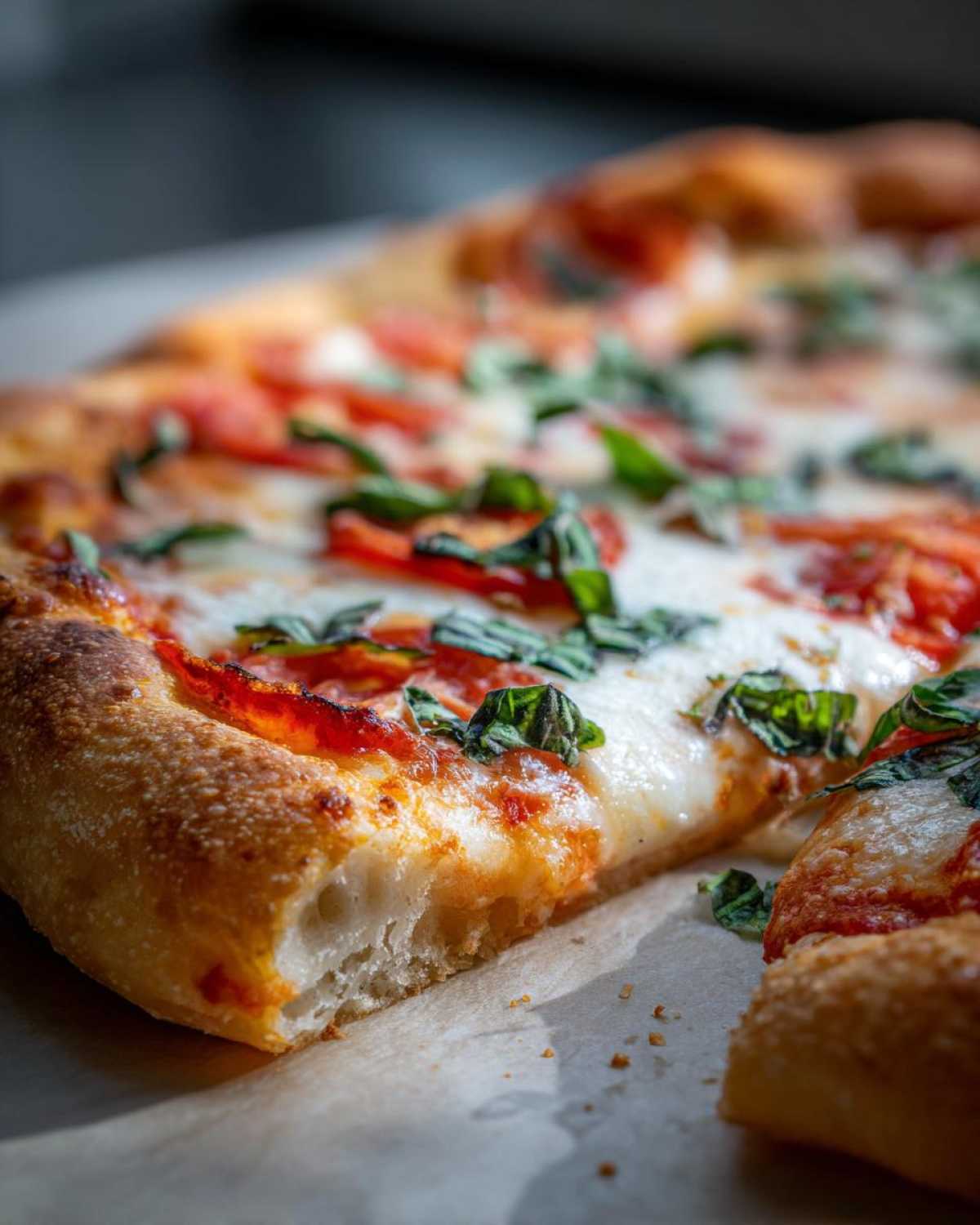 Close-up of a chewy slice of Gluten-Free Margherita Pizza showing the thick, airy crust, melted mozzarella, and fresh basil.