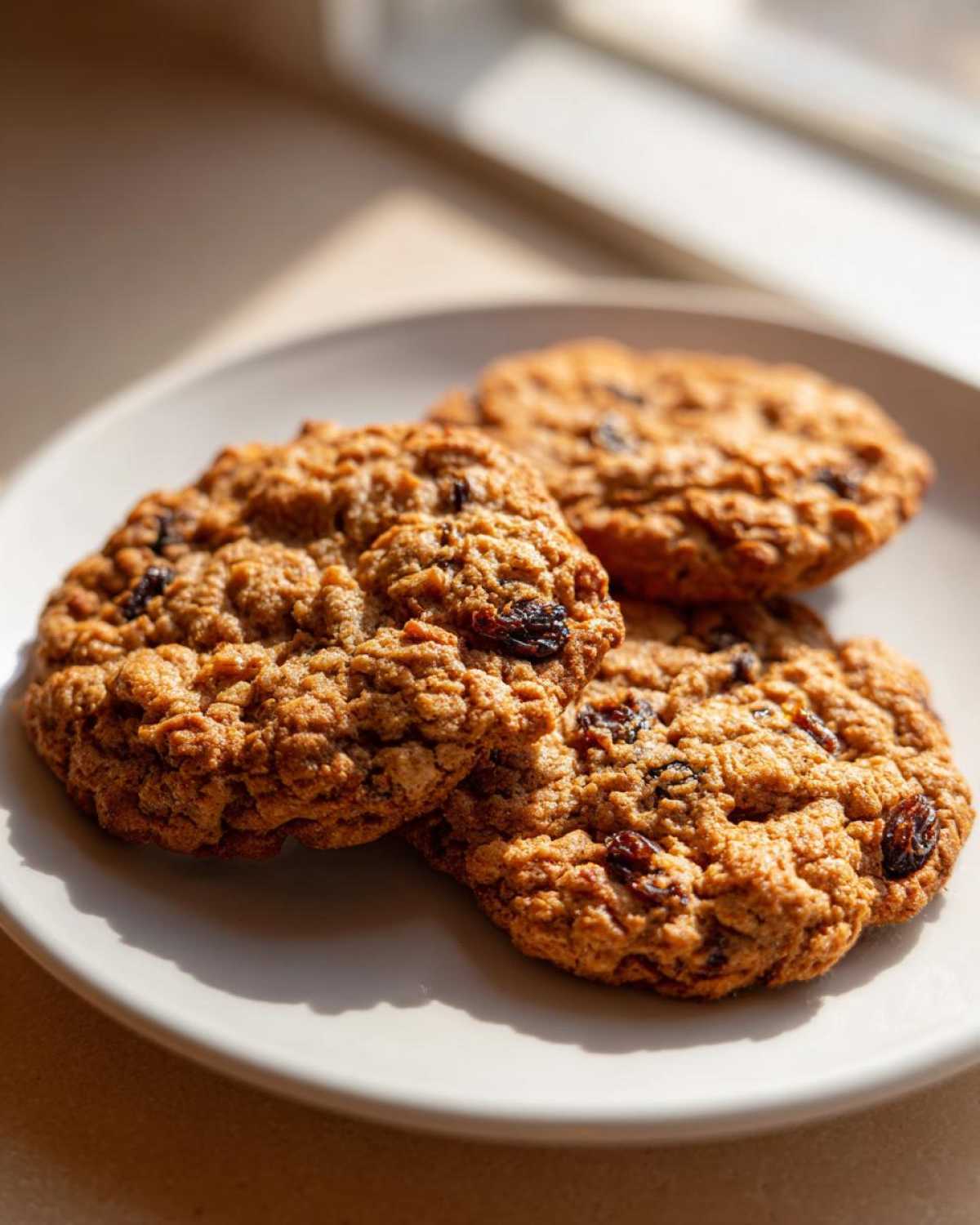 Three chewy Gluten-Free Oatmeal Raisin Cookies stacked slightly on a white plate, highlighted by natural sunlight.