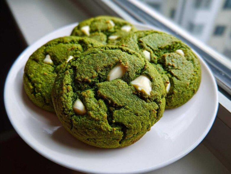 Four vibrant green, chewy matcha white chocolate cookies studded with white chocolate chips, resting on a white plate near a window.