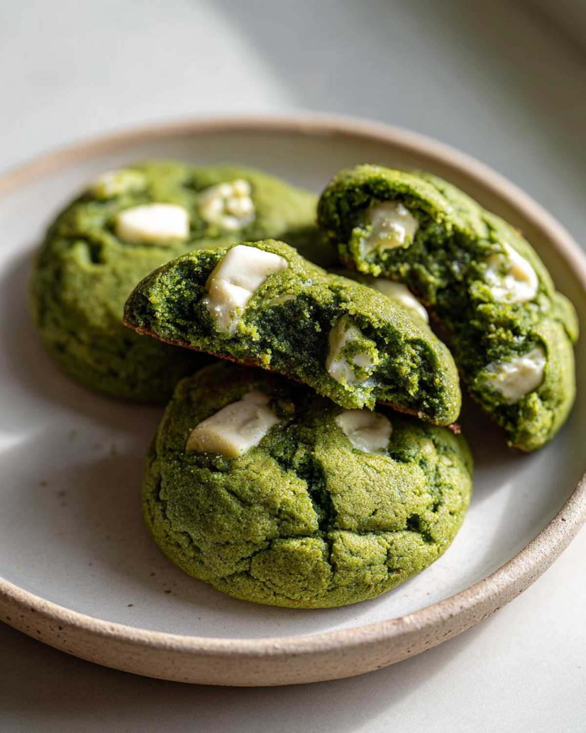 Close-up of chewy matcha white chocolate cookies, one broken open showing the soft interior.