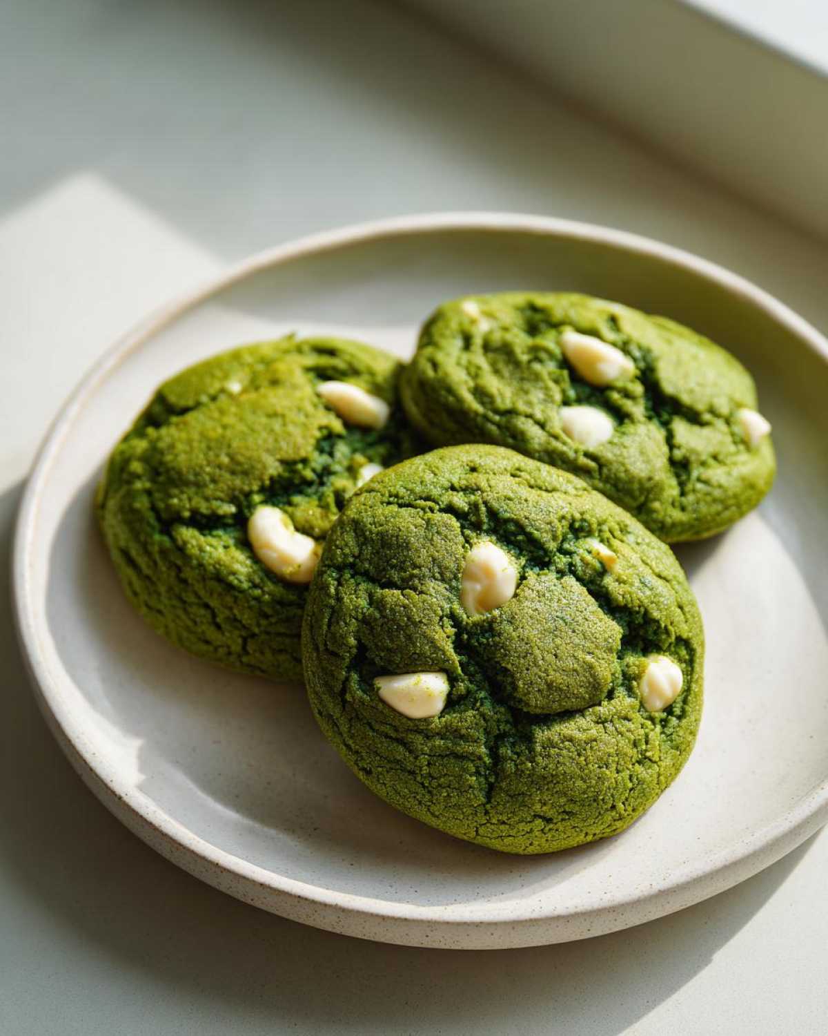 Three vibrant green Chewy Matcha White Chocolate Cookies studded with white chocolate chunks on a light ceramic plate.