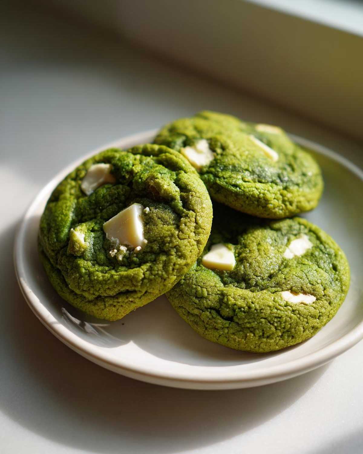 Three vibrant green Chewy Matcha White Chocolate Cookies studded with white chocolate chunks on a small white plate.