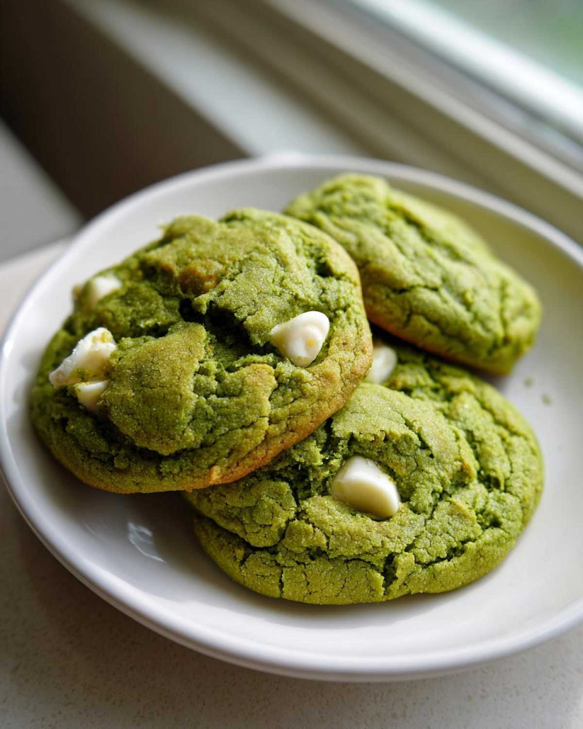 Three vibrant green, chewy matcha white chocolate cookies stacked on a white plate near a window.