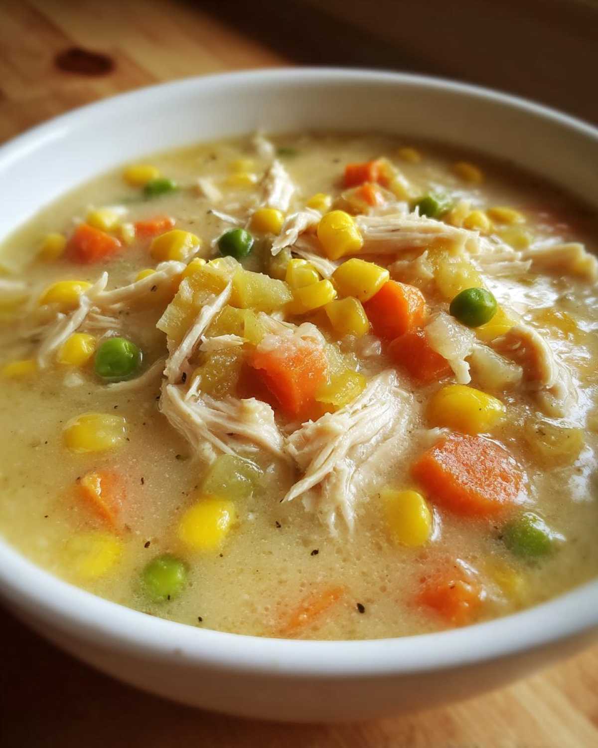 Close-up of a white bowl filled with creamy Chicken Pot Pie Soup, featuring shredded chicken, carrots, peas, and corn.