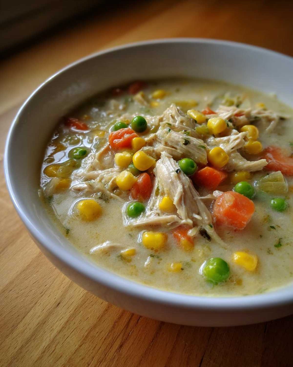 Close-up of a hearty bowl of Chicken Pot Pie Soup with shredded chicken, corn, peas, and carrots.