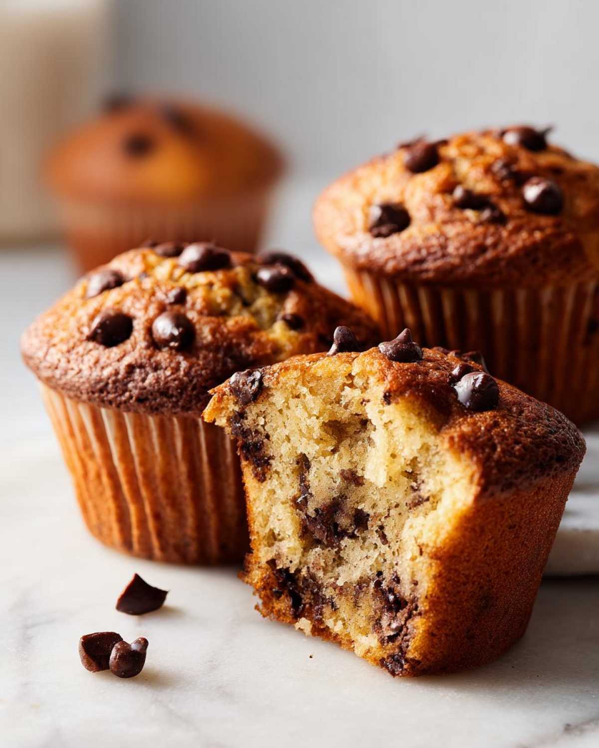 Close-up of a moist Chocolate Chip Banana Muffins, one broken open showing the soft interior and chocolate chips.