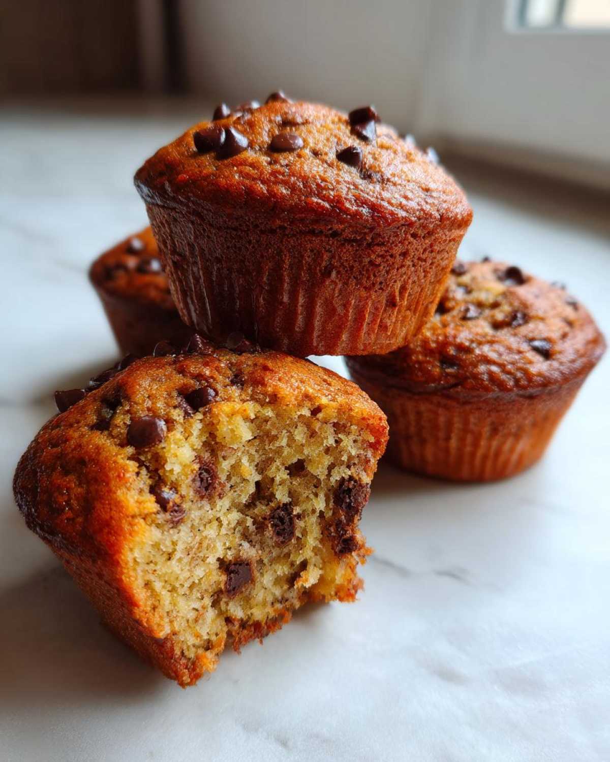 A stack of moist Chocolate Chip Banana Muffins, one broken open to show the soft interior.