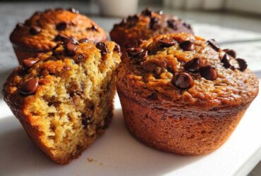 Close-up of moist Chocolate Chip Banana Muffins, one split open showing the texture.