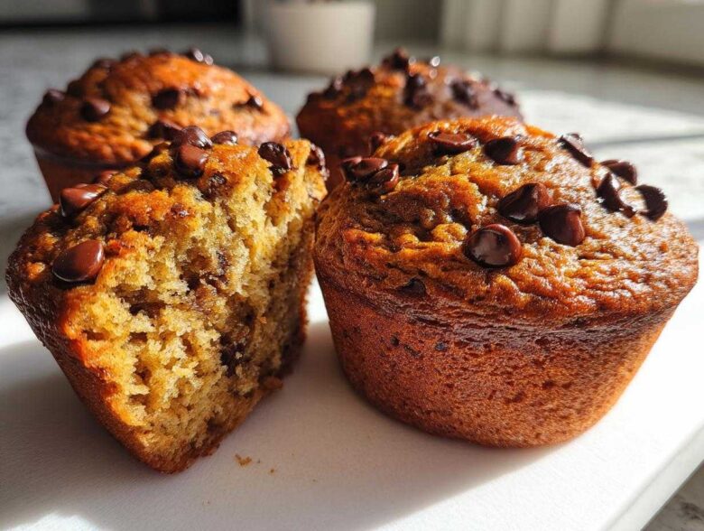 Close-up of moist Chocolate Chip Banana Muffins, one split open showing the texture.
