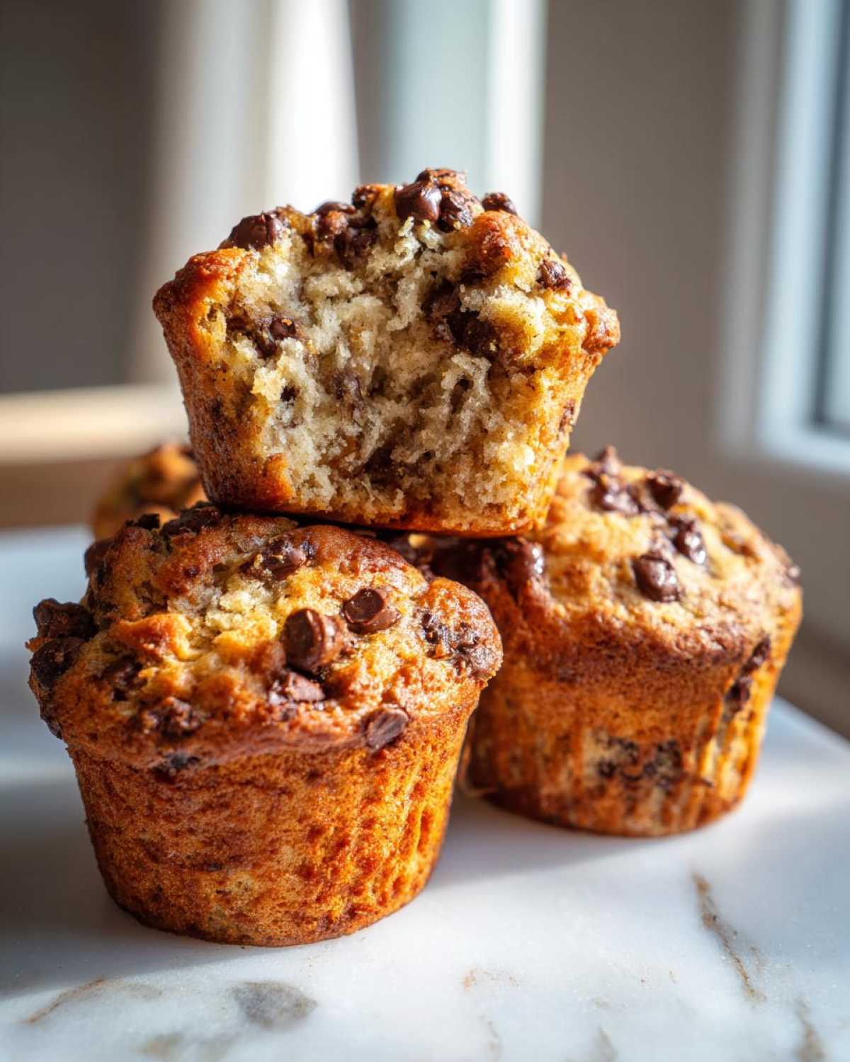 A stack of three moist Chocolate Chip Banana Muffins, one broken open to show the texture.